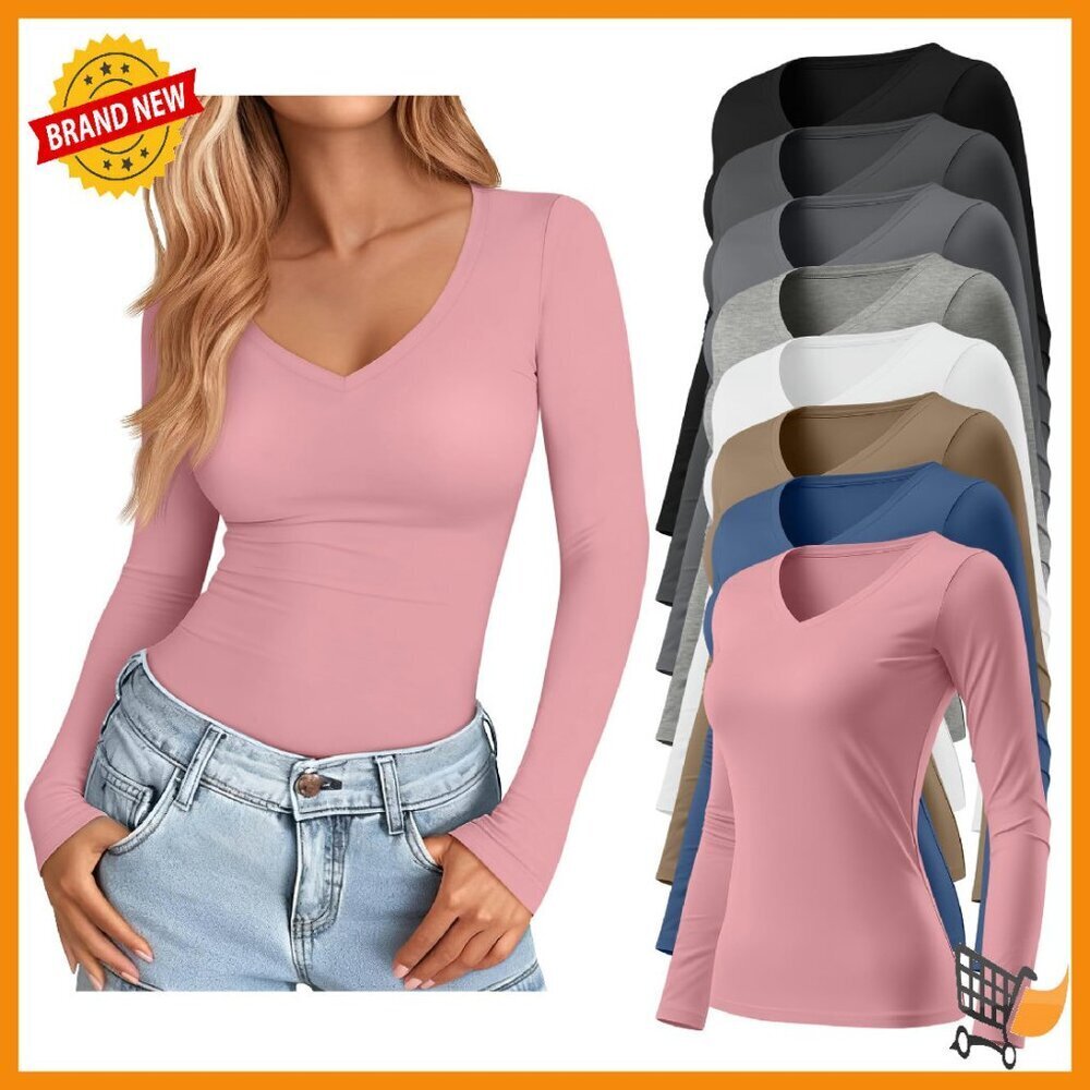 8 Pack Long Sleeve V Neck Slim Fit Tops 60% Polyester 35% Cotton 5% Spandex